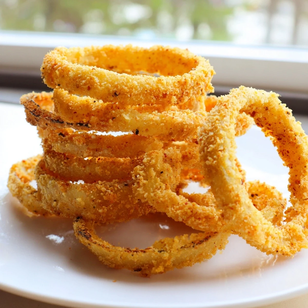 Golden brown onion ring chips arranged on a serving plate with dipping sauce