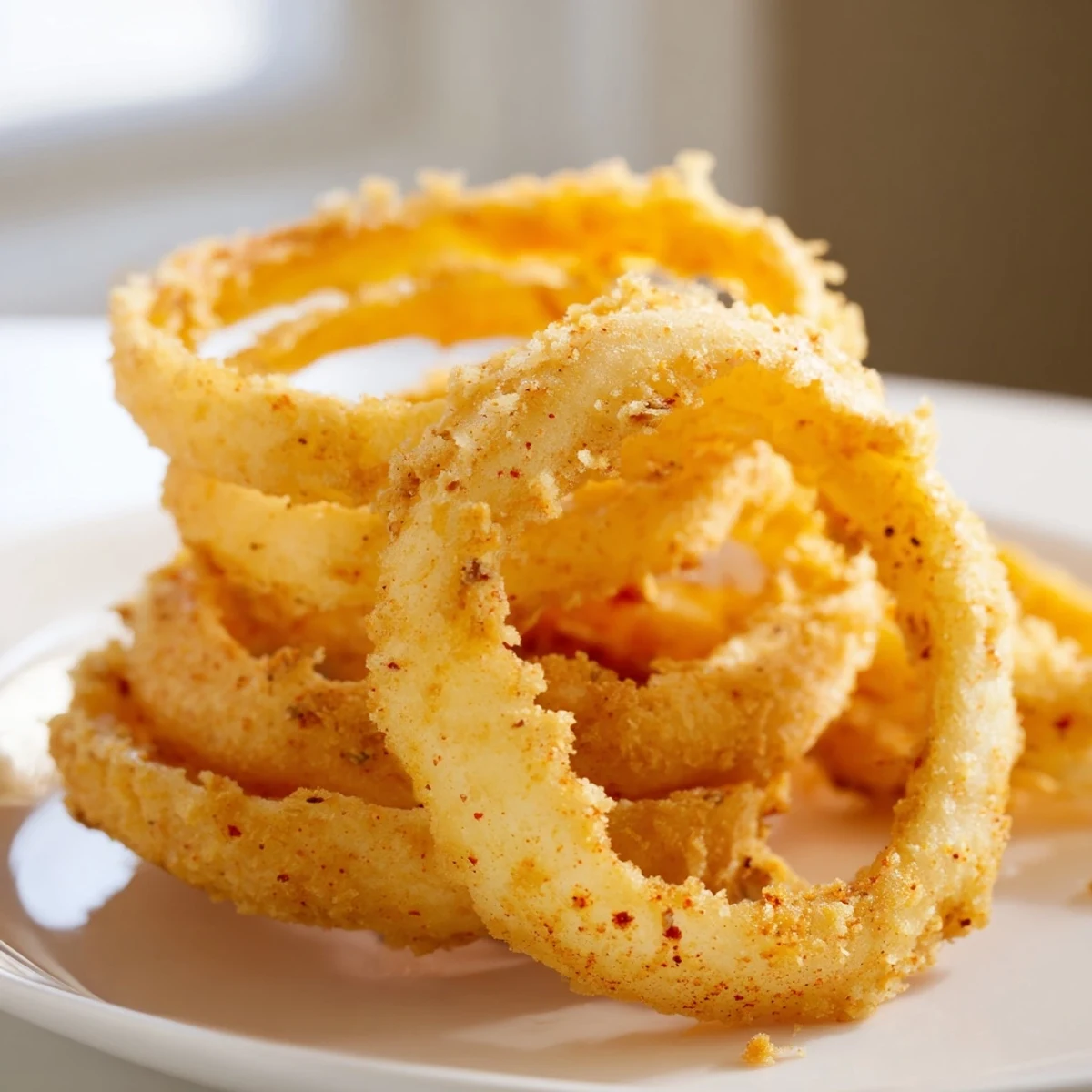 Crispy fried onion ring chips stacked showing their crunchy texture and golden color