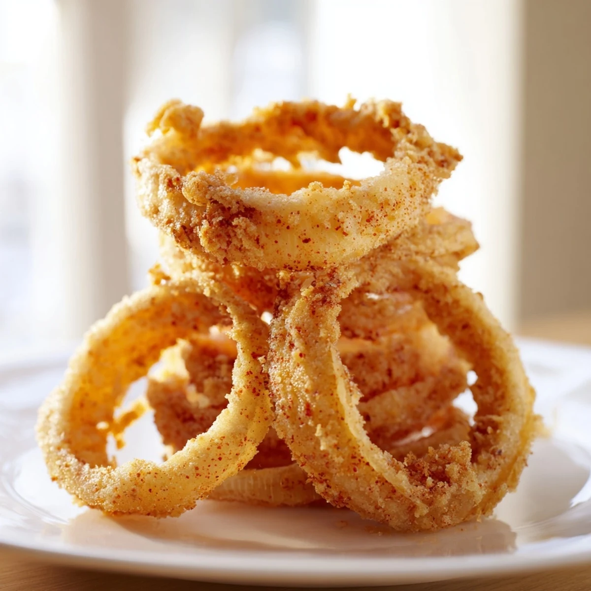 Close up of ultra thin onion ring chips freshly fried to golden perfection
