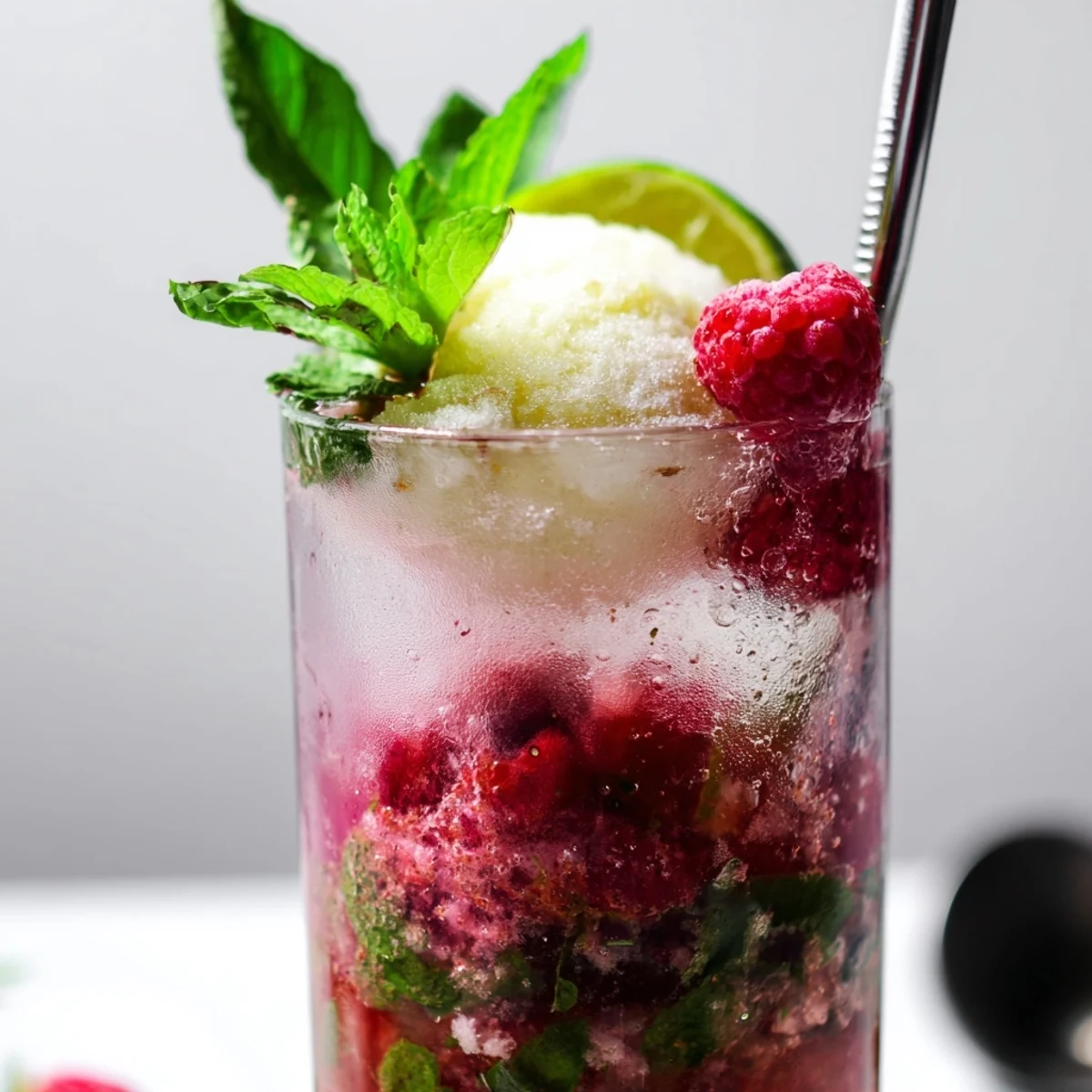 Refreshing non-alcoholic Raspberry Mint Mojito Rebel Float with crushed raspberries, mint leaves, and melting vanilla ice cream scoop