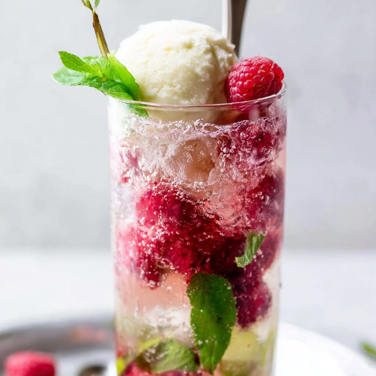Raspberry Mint Mojito Rebel Float Mocktop topped with vanilla ice cream and fresh mint garnish in a tall glass