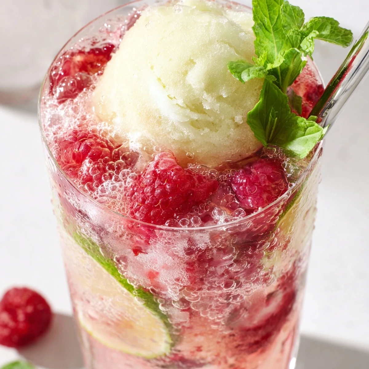 Tall glass of layered Raspberry Mint Mojito Rebel Float featuring muddled berries, fizzy soda, and creamy vanilla ice cream