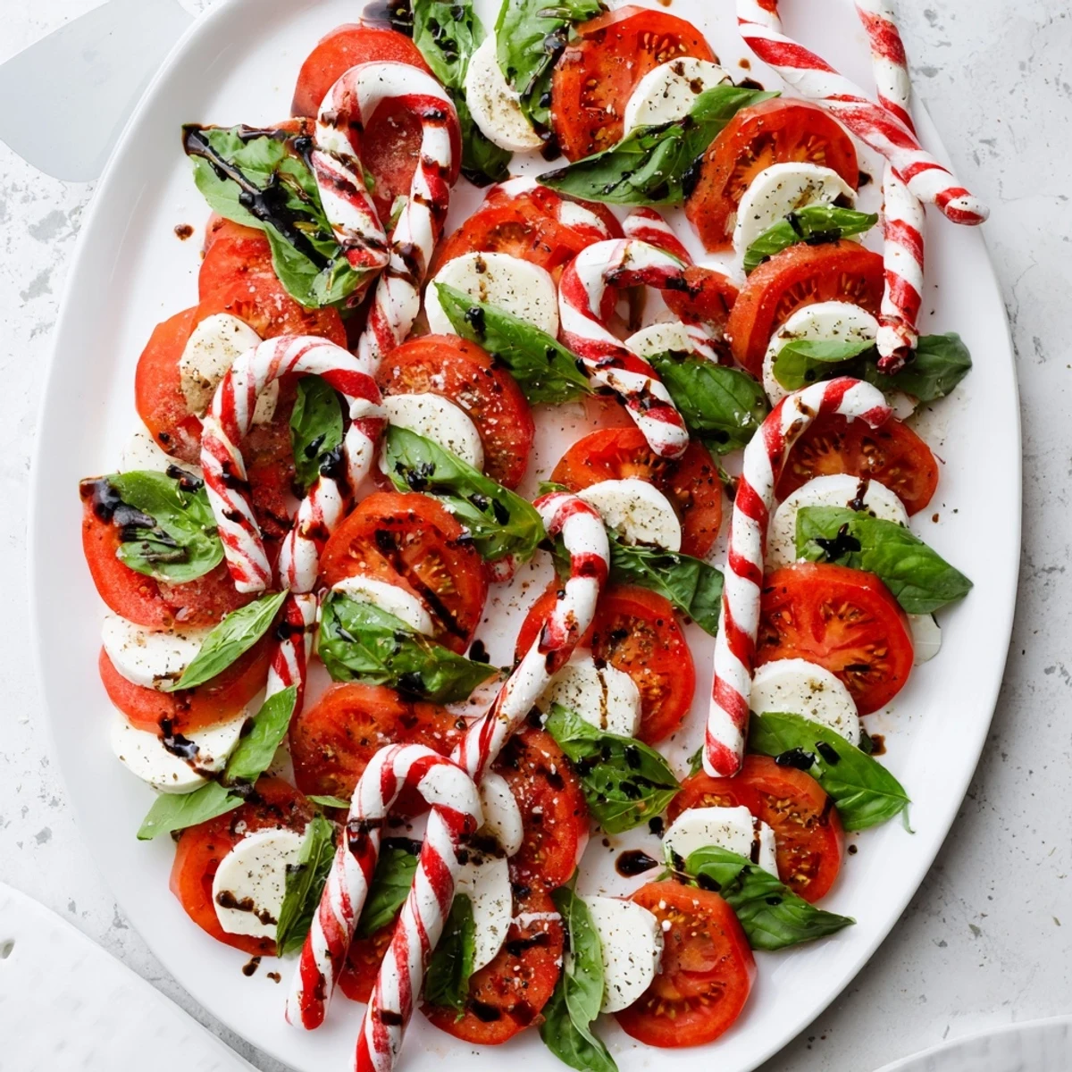 Festive Christmas candy cane Caprese salad arranged with red tomatoes, white mozzarella, and fresh green basil