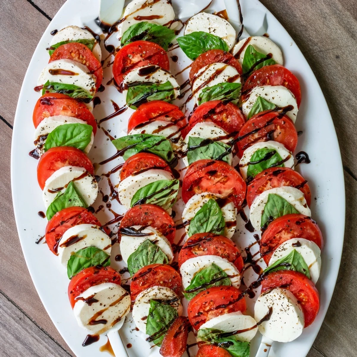 Holiday candy cane Caprese salad drizzled with balsamic glaze and olive oil on a white platter