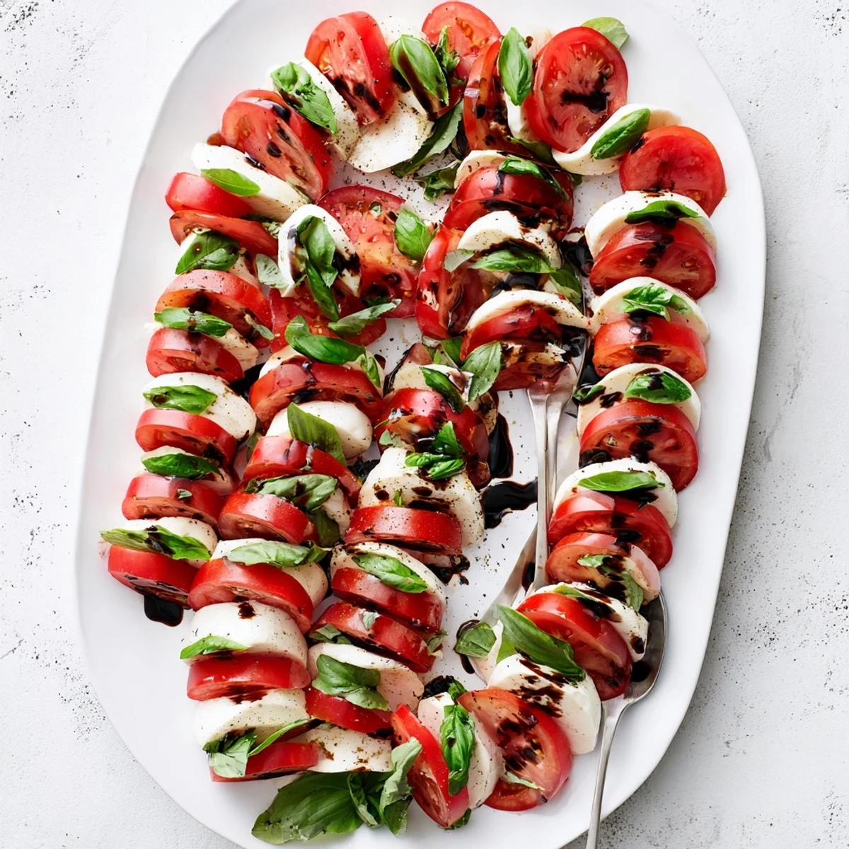 Christmas Caprese salad shaped like a candy cane with juicy tomatoes, creamy mozzarella, and basil leaves