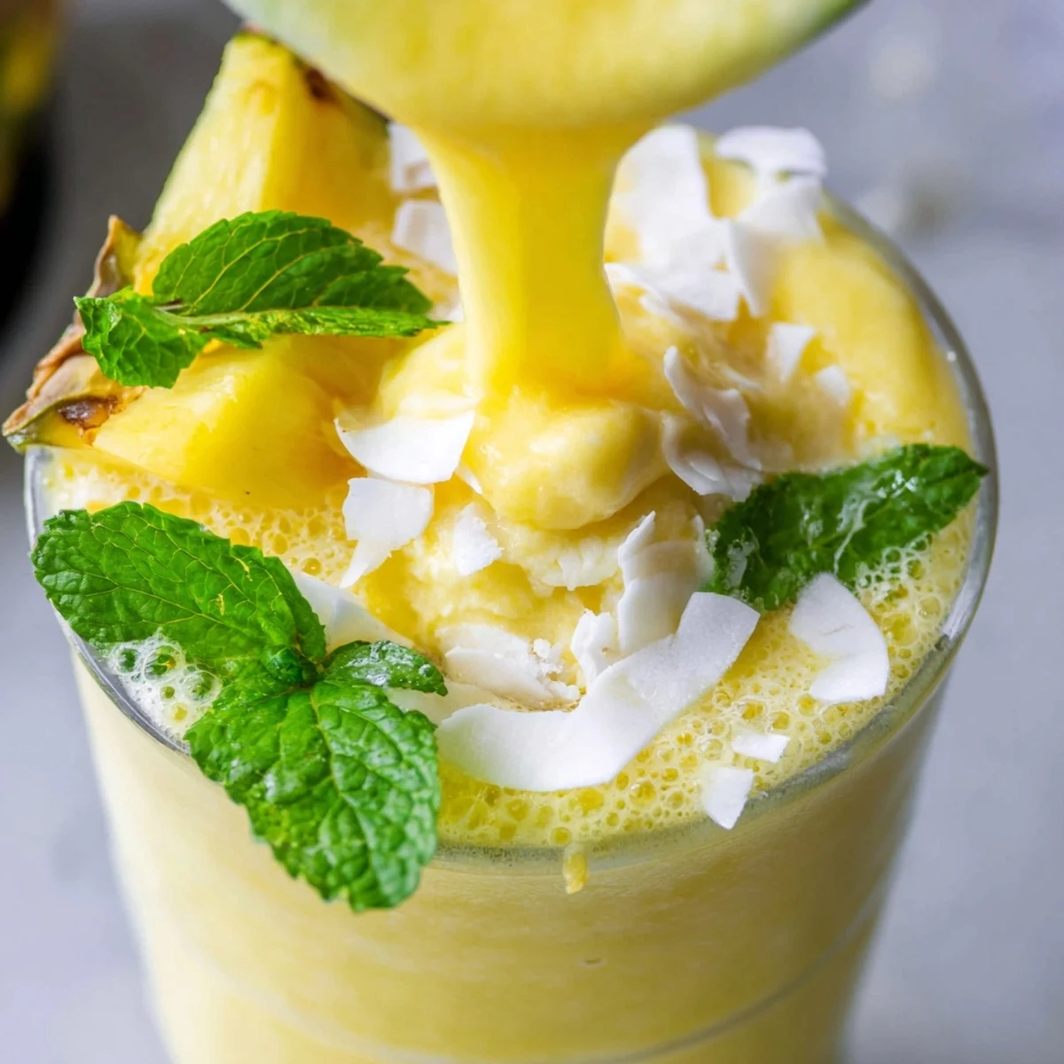 Golden Tropical Paradise Rebel Float topped with vegan vanilla ice cream and fresh mint garnish in tall glass