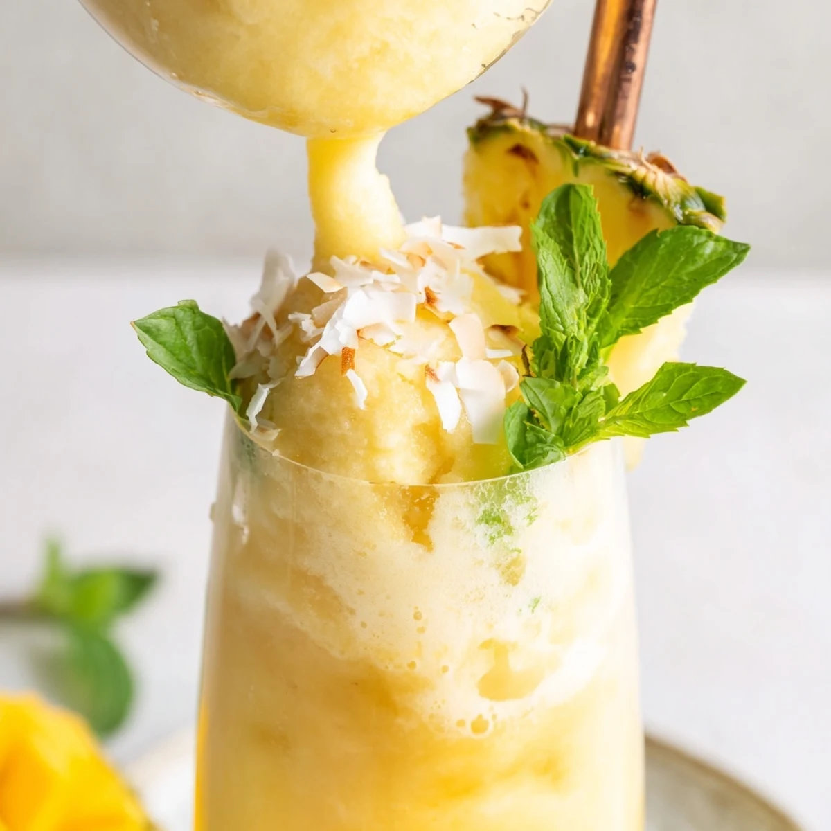 Creamy coconut mango pineapple float with fizzing soda and toasted coconut flakes on rim