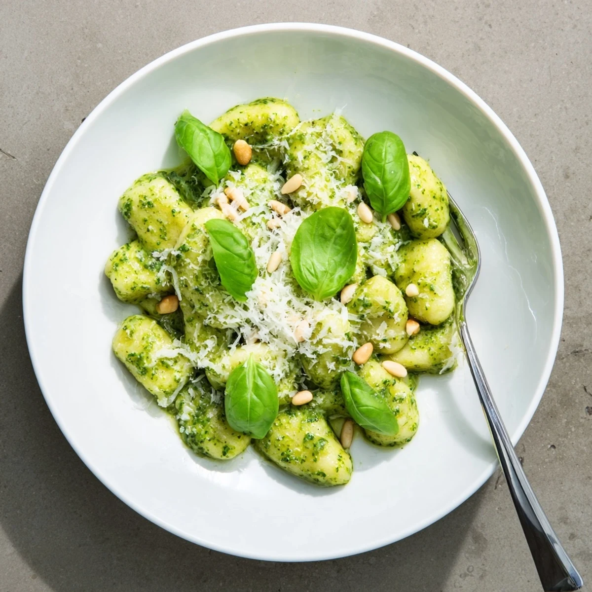 Golden gnocchi tossed with fresh homemade pesto and garnished with basil leaves