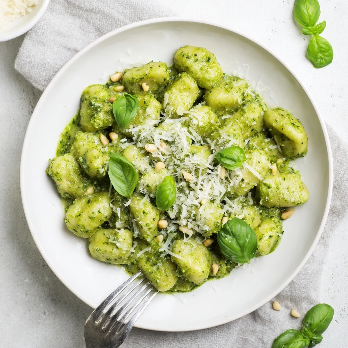 Tender potato gnocchi coated in vibrant green basil pesto sauce with grated Parmesan