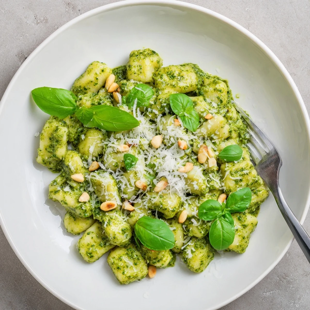 Steamy bowl of easy pesto gnocchi sprinkled with extra Parmesan cheese and basil