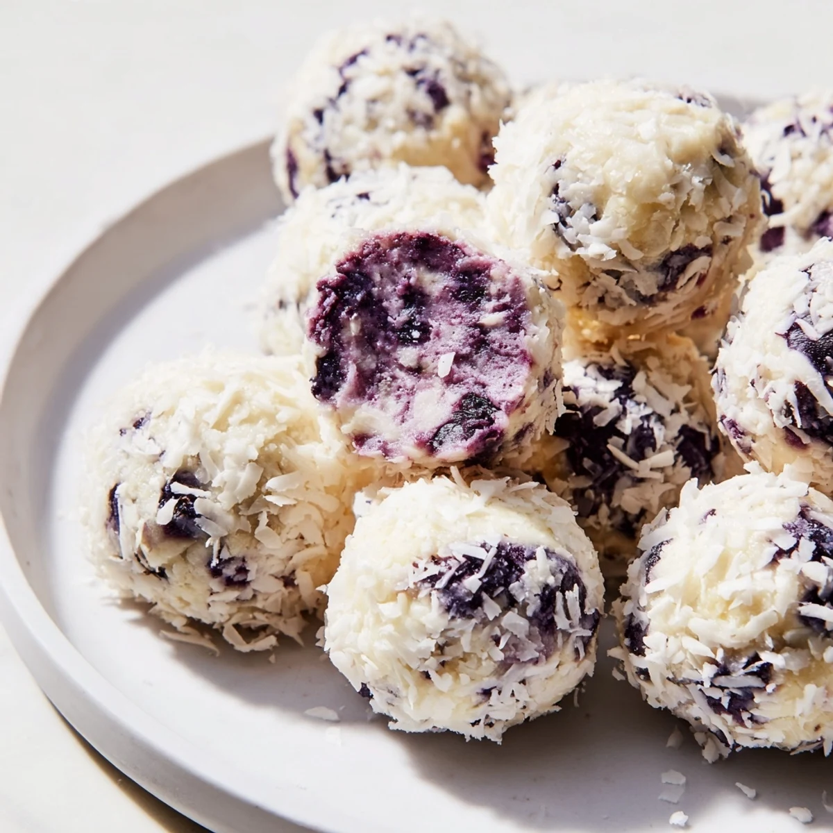 Protein-packed blueberry cheesecake bites showcasing purple blueberries in creamy white bite-sized spheres.