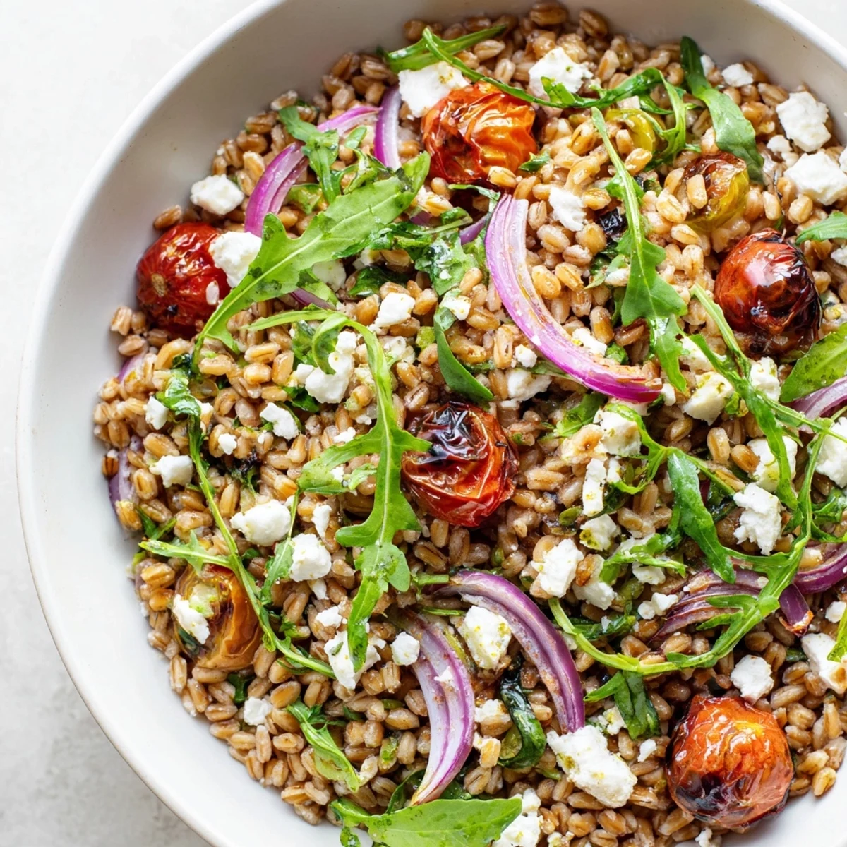 Golden slow-roasted tomatoes nestled atop chewy farro with crumbled feta and fresh herbs