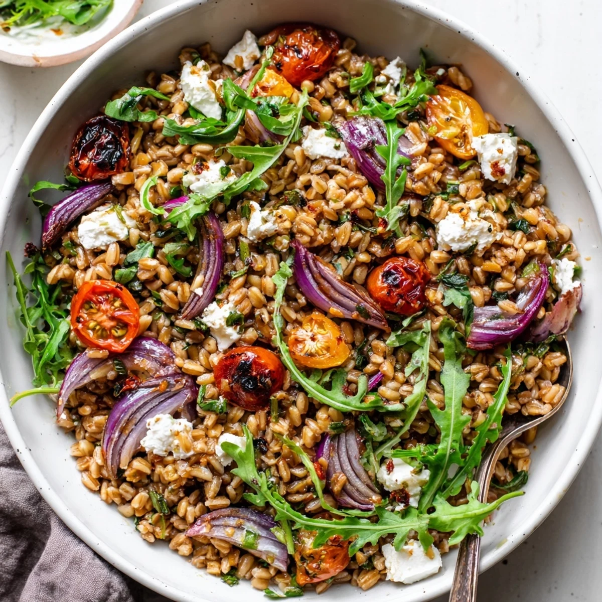 Hearty slow-roasted tomato farro salad plated with tangy feta and torn basil leaves