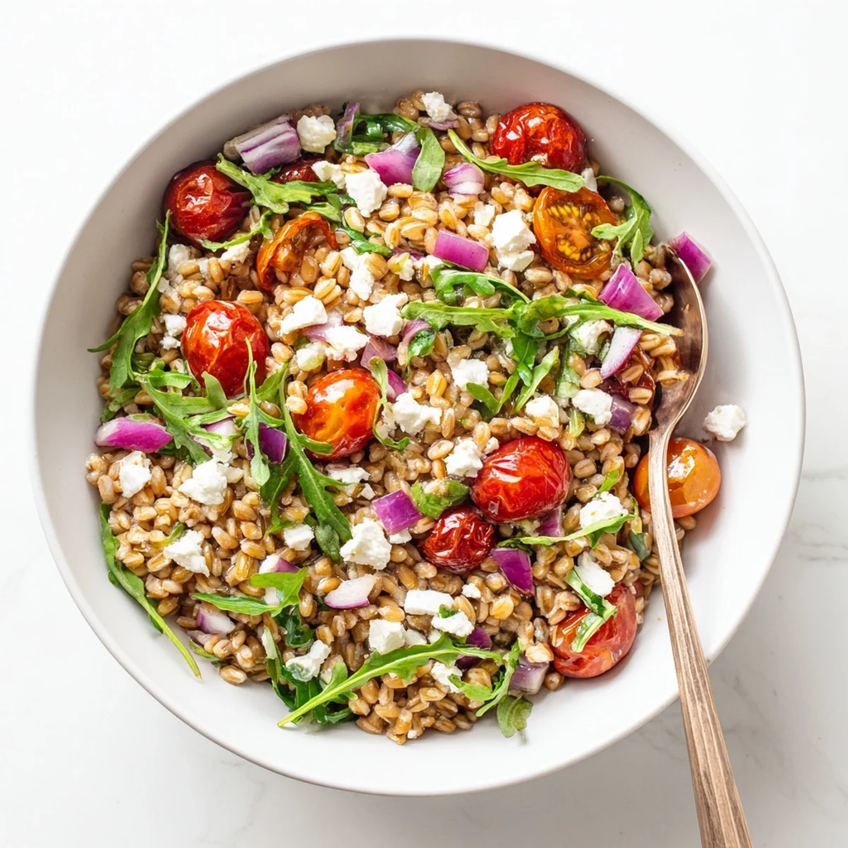 Vibrant Mediterranean farro salad bowl featuring caramelized cherry tomatoes and peppery arugula greens