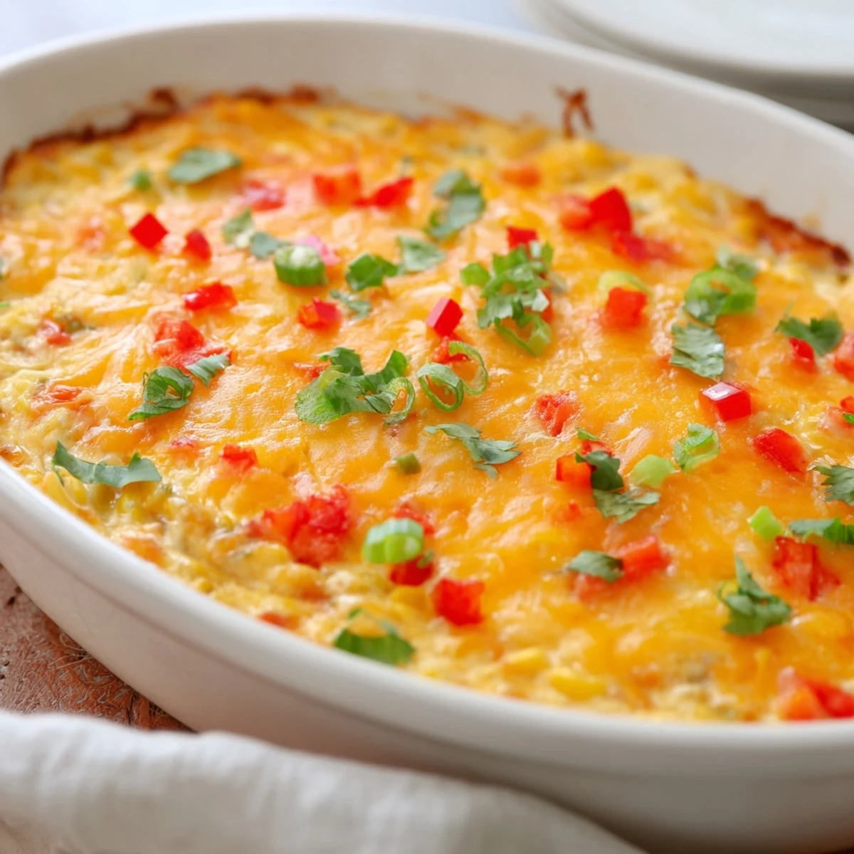 Golden bubbly corn dip with melted cheddar cheese served warm in a white baking dish