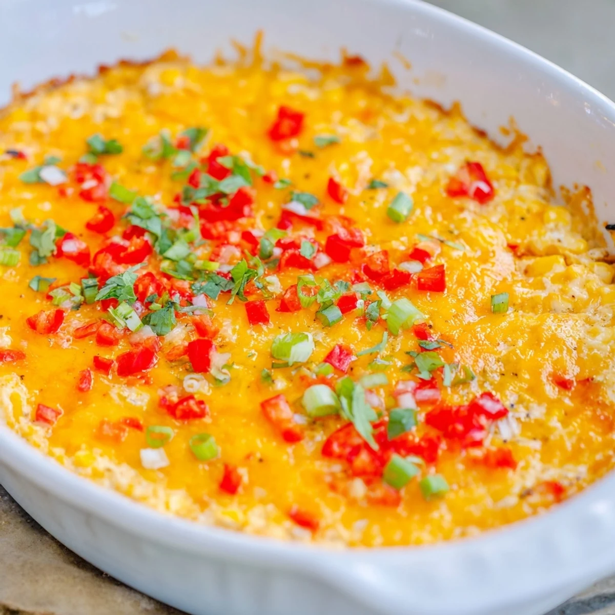 Creamy corn dip appetizer with red peppers and green onions garnished with fresh cilantro