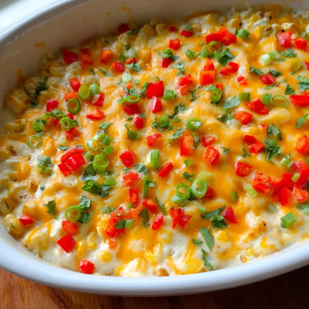 Oven-baked corn dip with shredded cheese topping ready for dipping with tortilla chips
