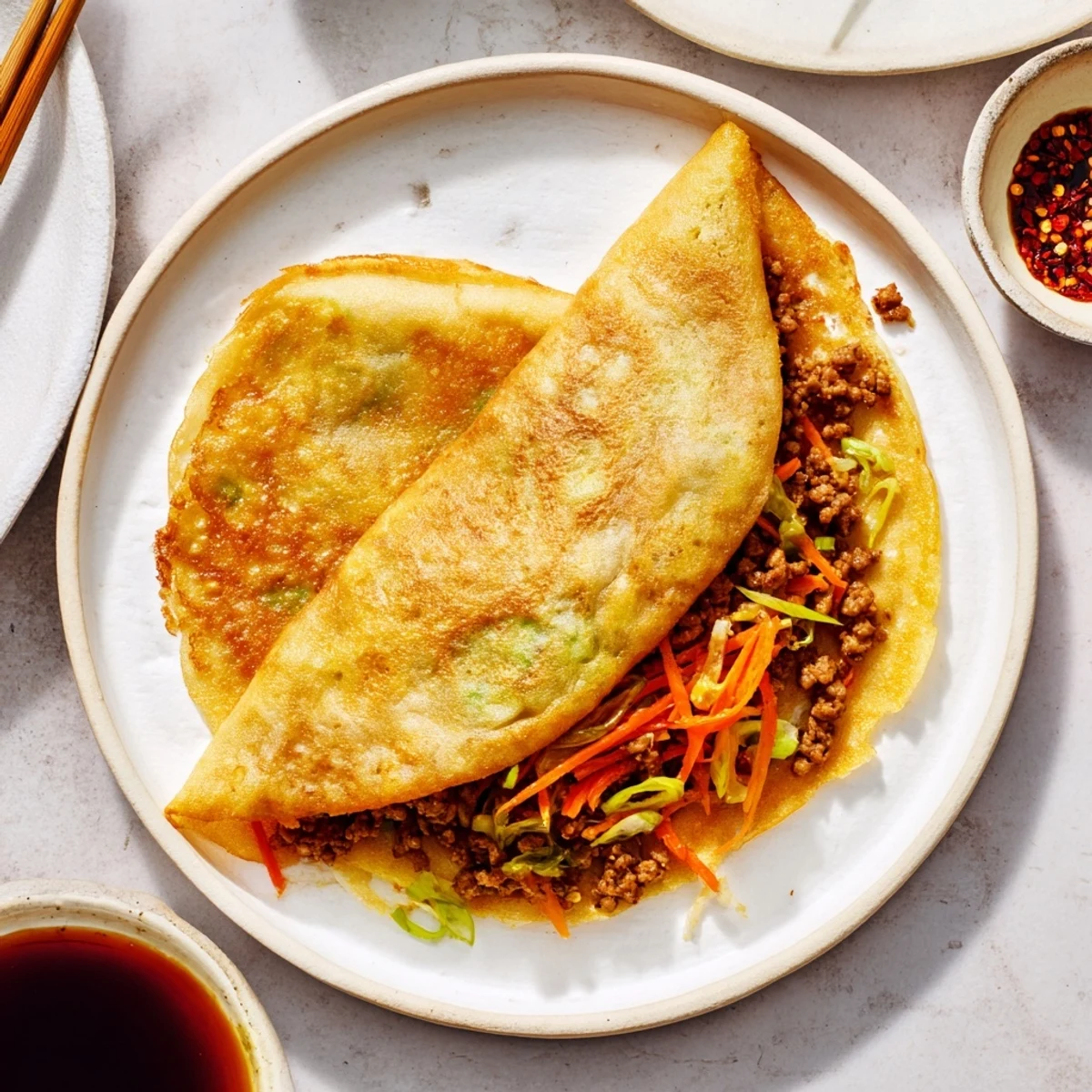 Golden Chinese style savoury stuffed breakfast pancakes filled with seasoned meat and vegetables
