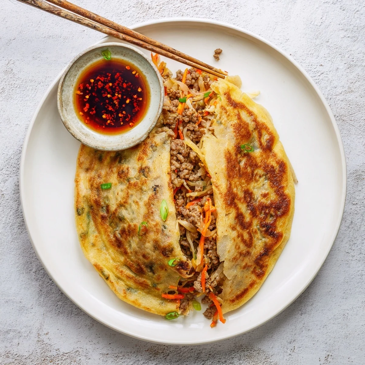 Plate of Chinese style savoury stuffed breakfast pancakes served with tangy dipping sauce