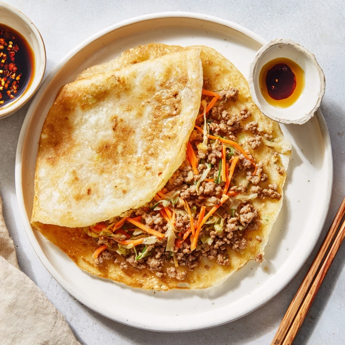 Fluffy folded pancakes featuring eggs and savory Chinese style stuffed breakfast pancake filling