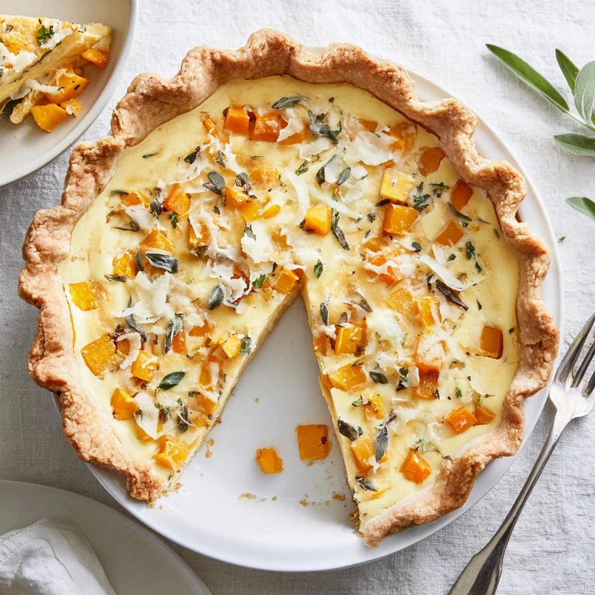 Golden-brown Halloween pumpkin butternut squash pie with flaky crust, sliced and ready for autumn dinner table