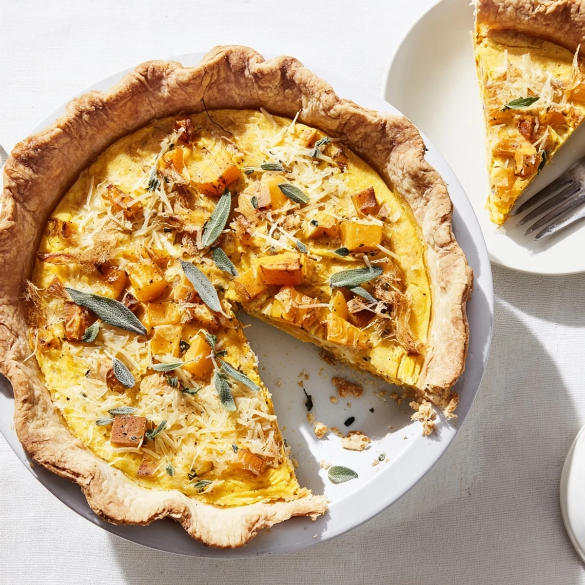 Rustic Halloween pumpkin butternut squash pie wedge revealing creamy orange filling and melted cheesy layers