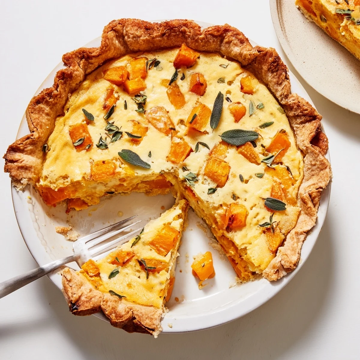 Savory pumpkin and butternut squash quiche-style pie garnished with fresh sage leaves, bubbling hot from oven