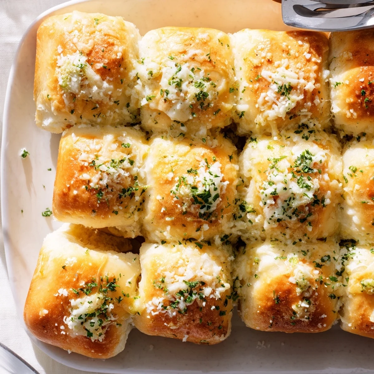 Golden brown buttery cheese garlic rolls fresh from the oven with melted cheese center