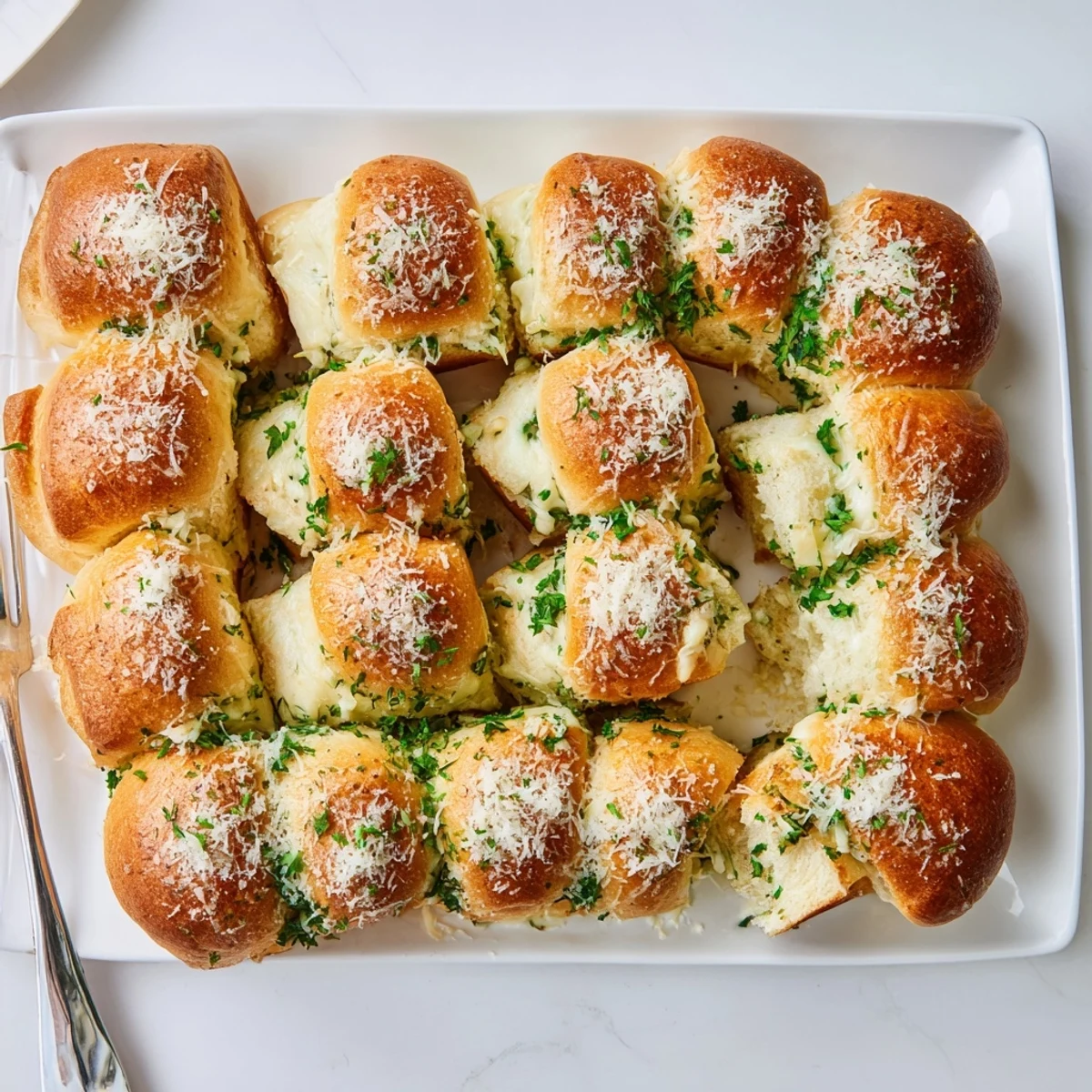 Soft fluffy garlic butter cheese rolls brushed with parsley and served warm on a wooden board