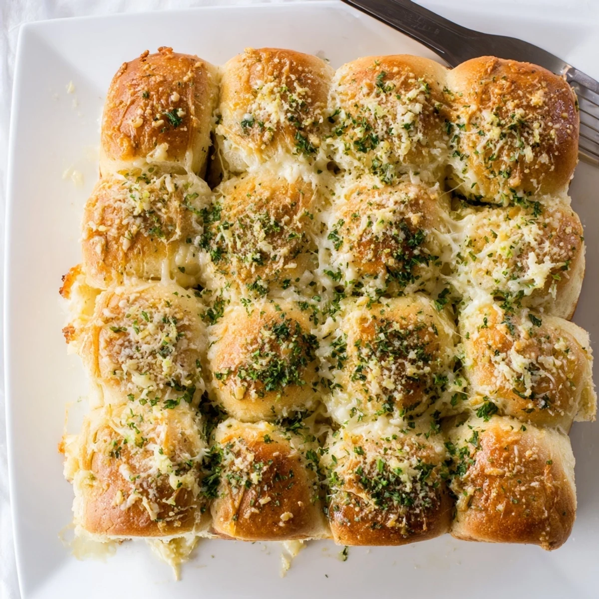 Homemade buttery cheese garlic rolls in a baking dish with golden tops and cheesy filling