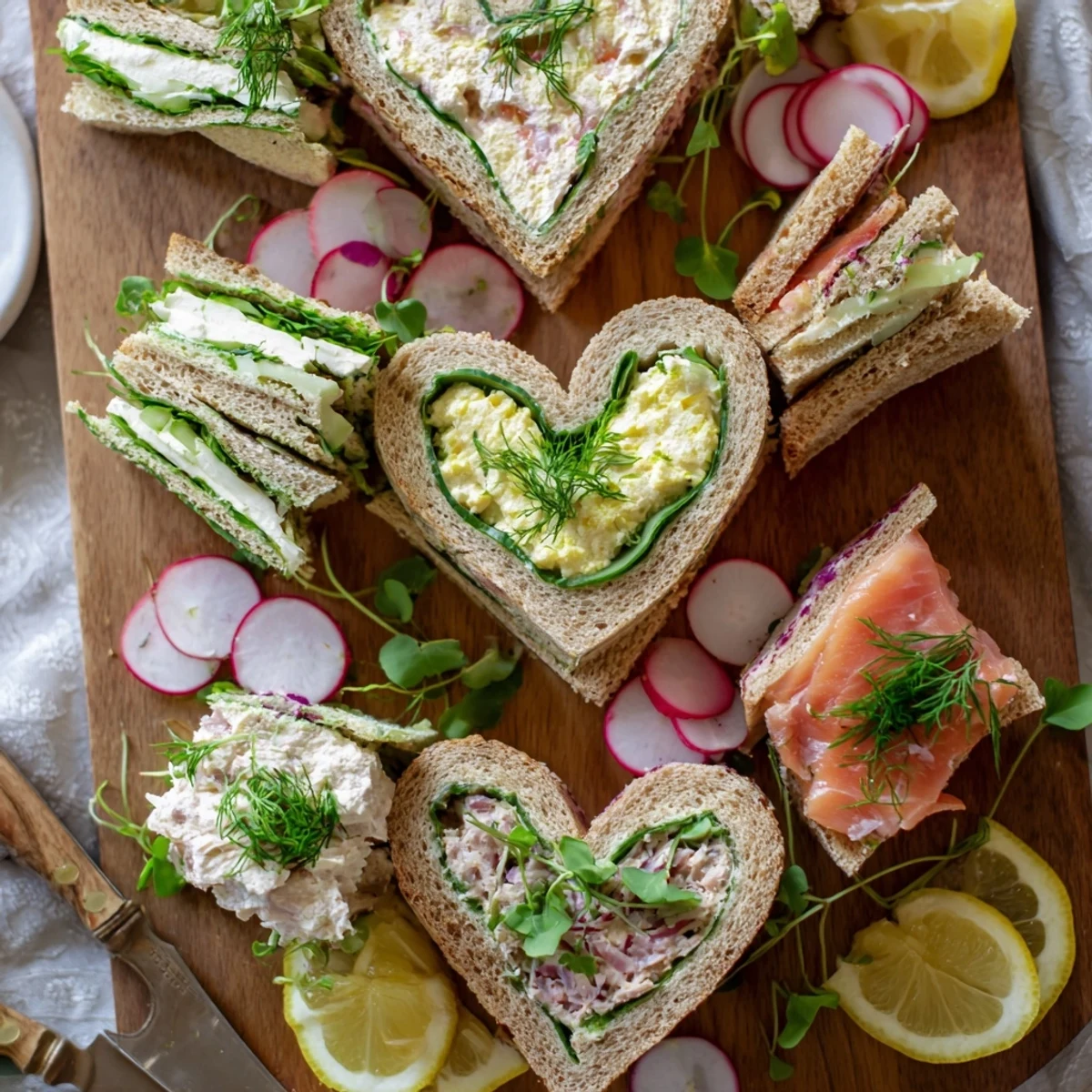Elegant heart shaped tea sandwich board featuring cream cheese cucumber, egg salad, and smoked salmon fillings on white and wheat bread hearts
