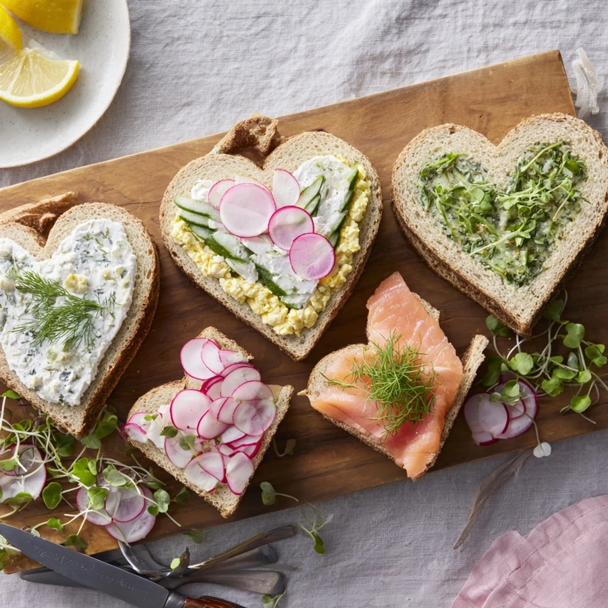 Charcuterie style platter displaying assorted heart shaped tea sandwiches garnished with fresh radishes, microgreens, and edible flowers for afternoon tea