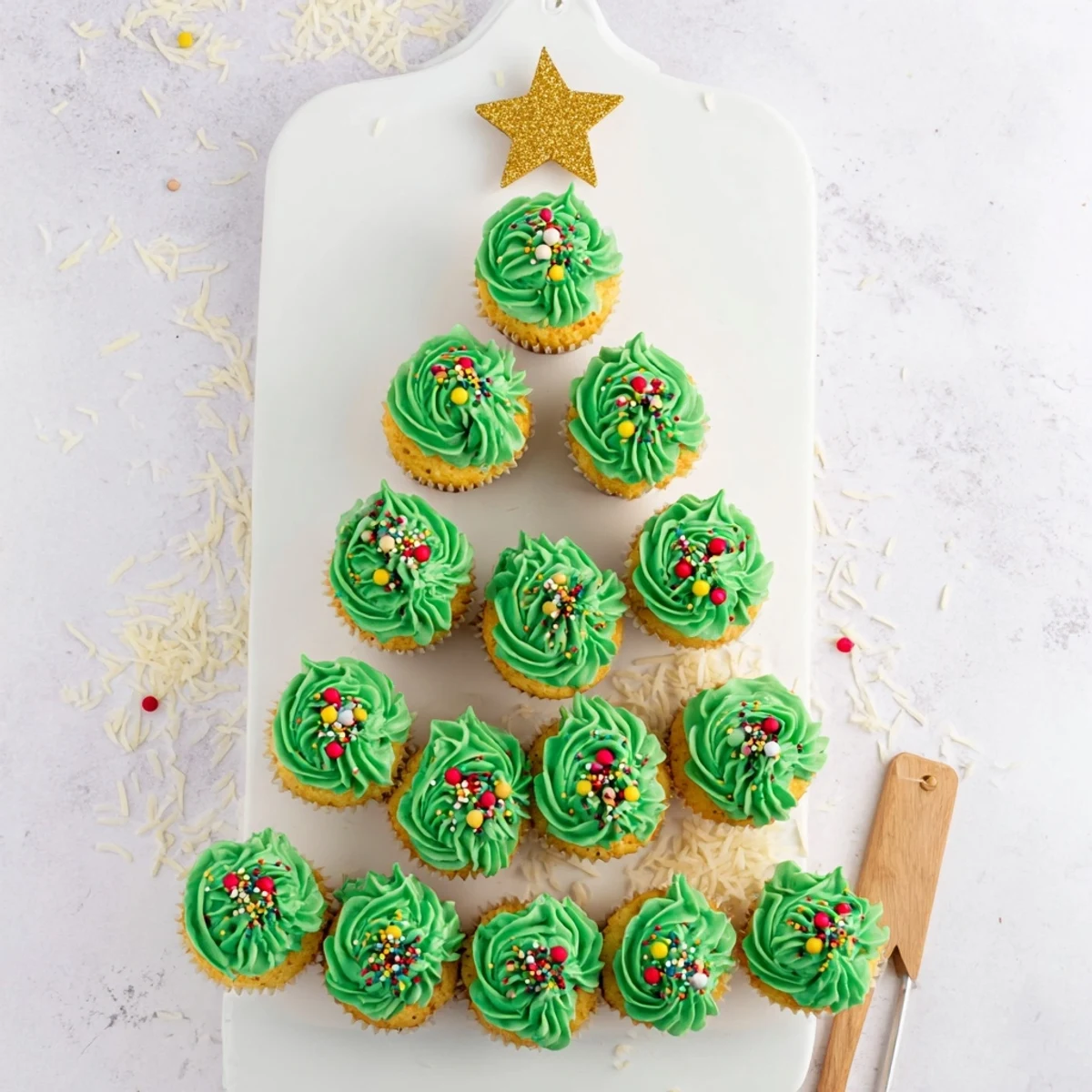 Green frosted cupcakes stacked into a Christmas tree shape decorated with edible pearls and sprinkles for parties