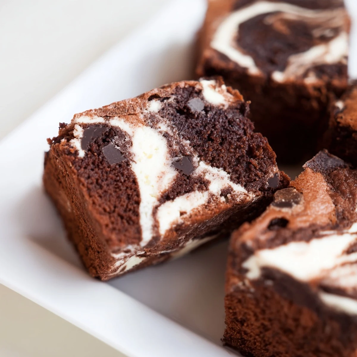 Cut squares of fudgy cheesecake swirled brownies showing beautiful marble pattern on top