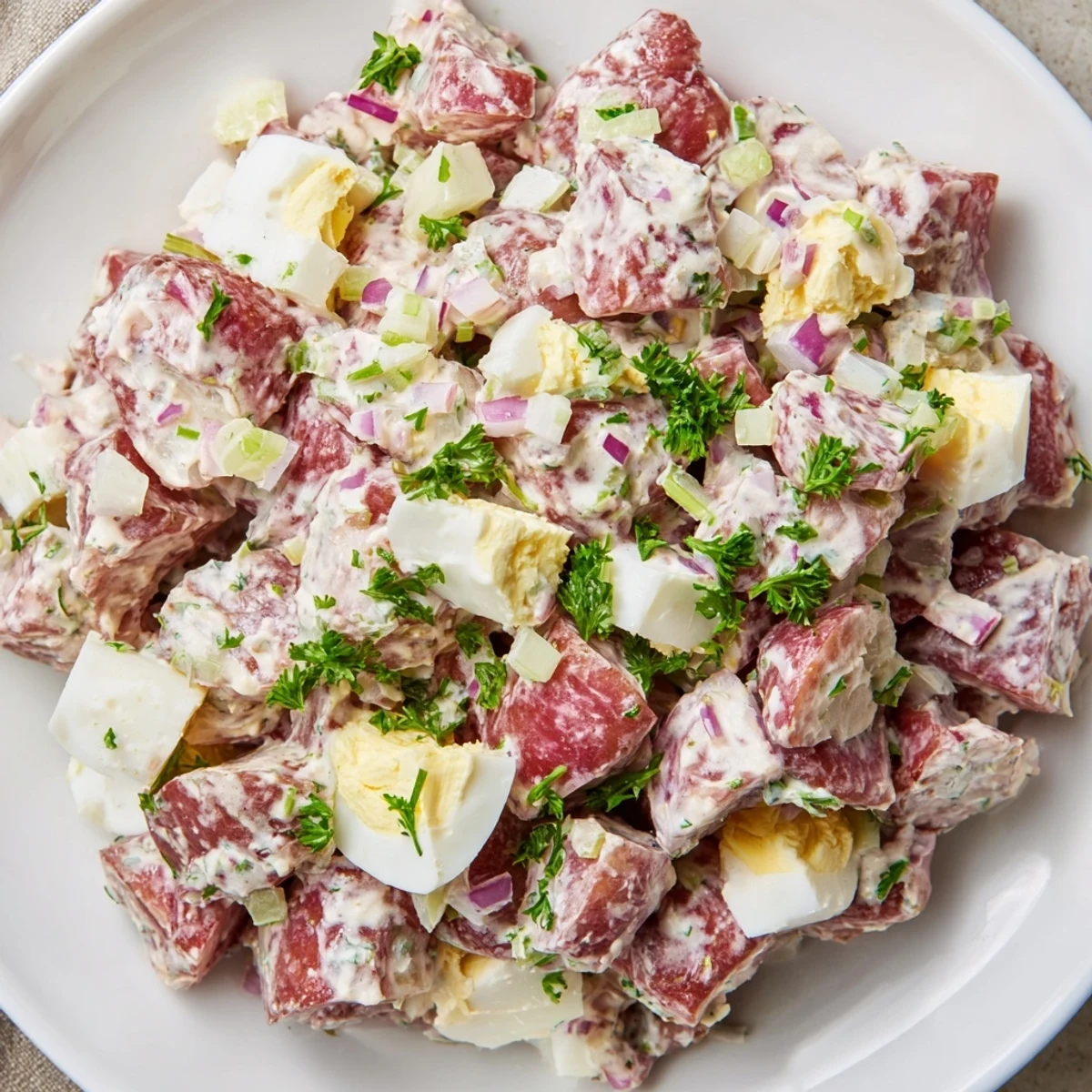Creamy red potato salad with tender cubes, crisp celery, and fresh herbs in a bowl