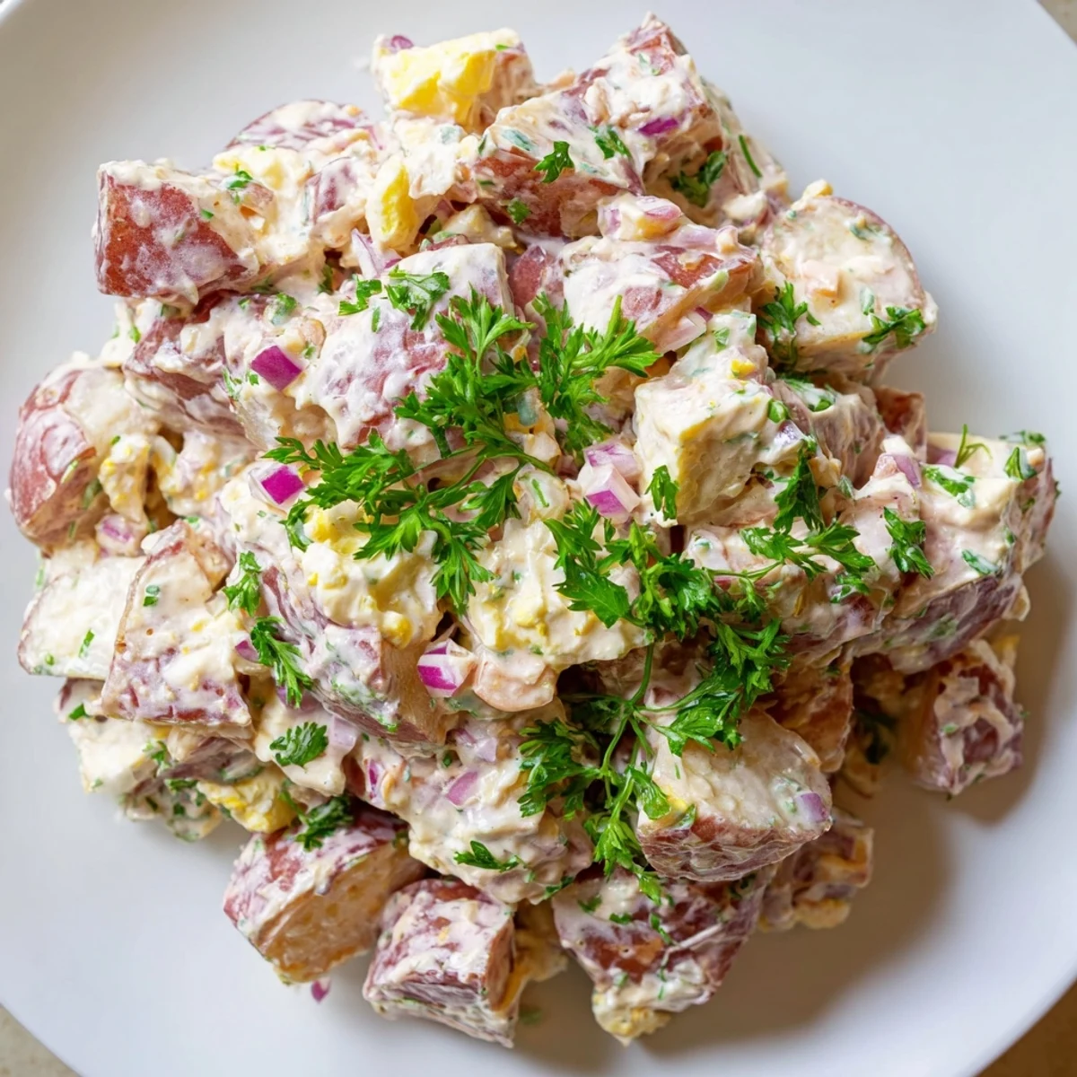 Vibrant red potato salad topped with chopped parsley and diced red onion for picnics
