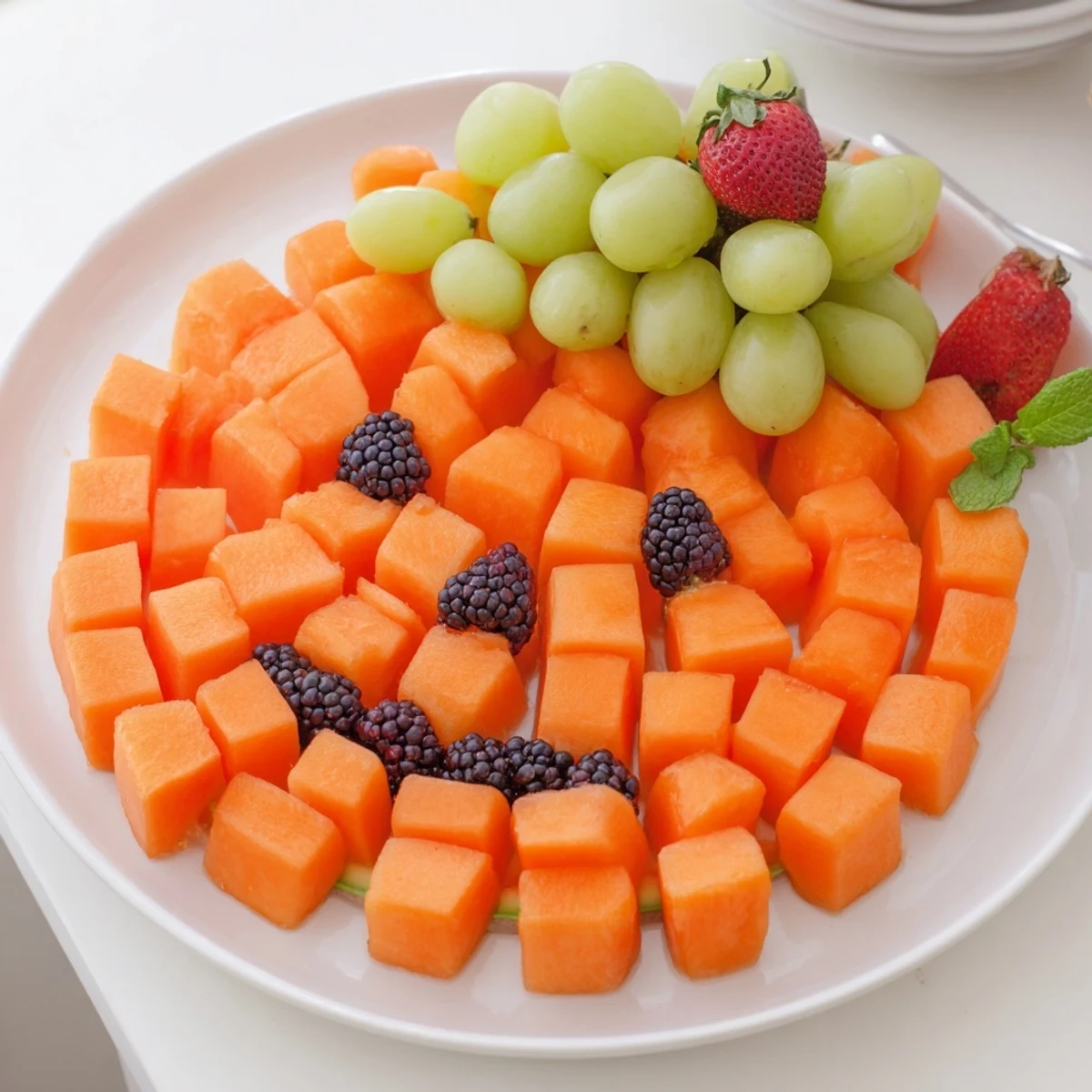 Festive pumpkin fruit tray Halloween platter with cantaloupe body, blackberry face, and green grape stem on round serving tray