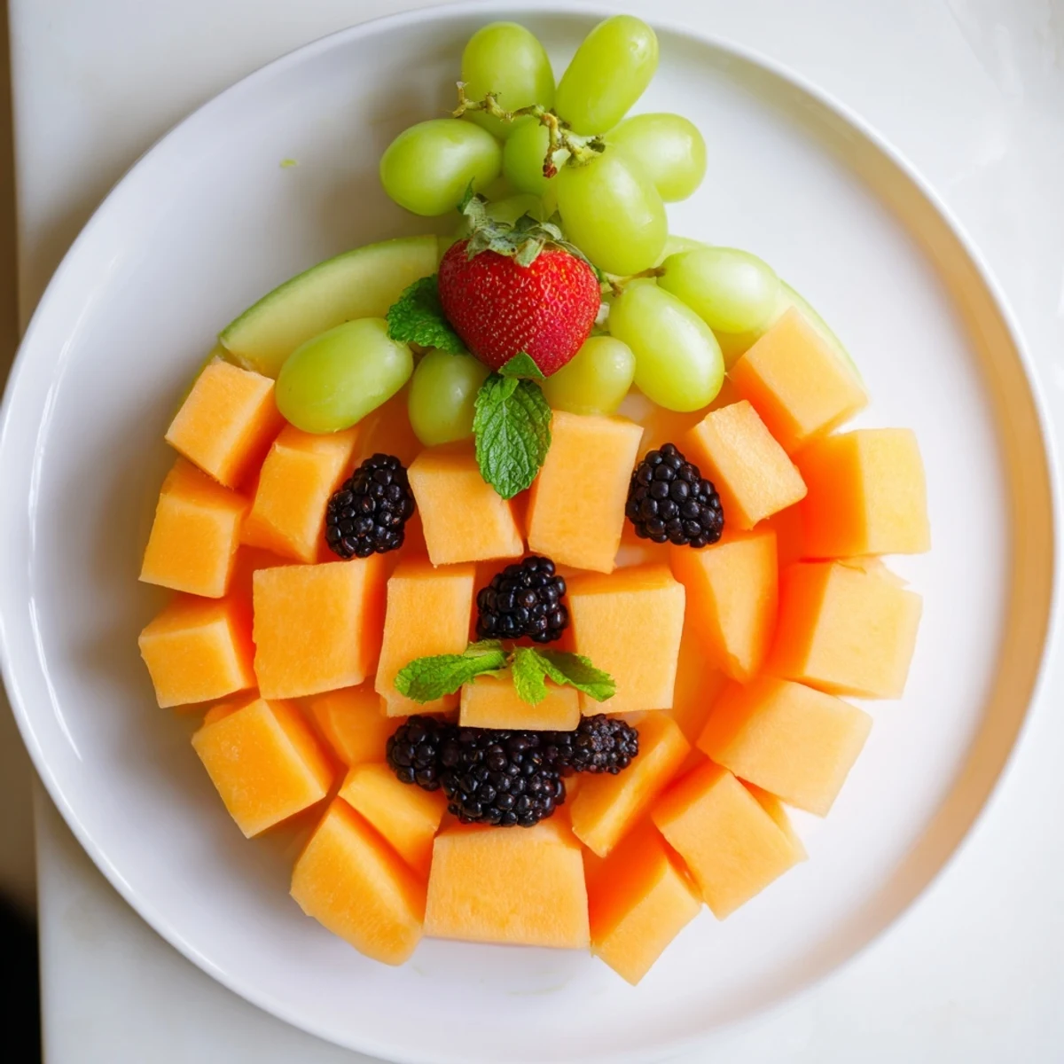 Healthy Halloween pumpkin fruit platter arranged with orange melon cubes, berry facial features, and fresh mint garnish