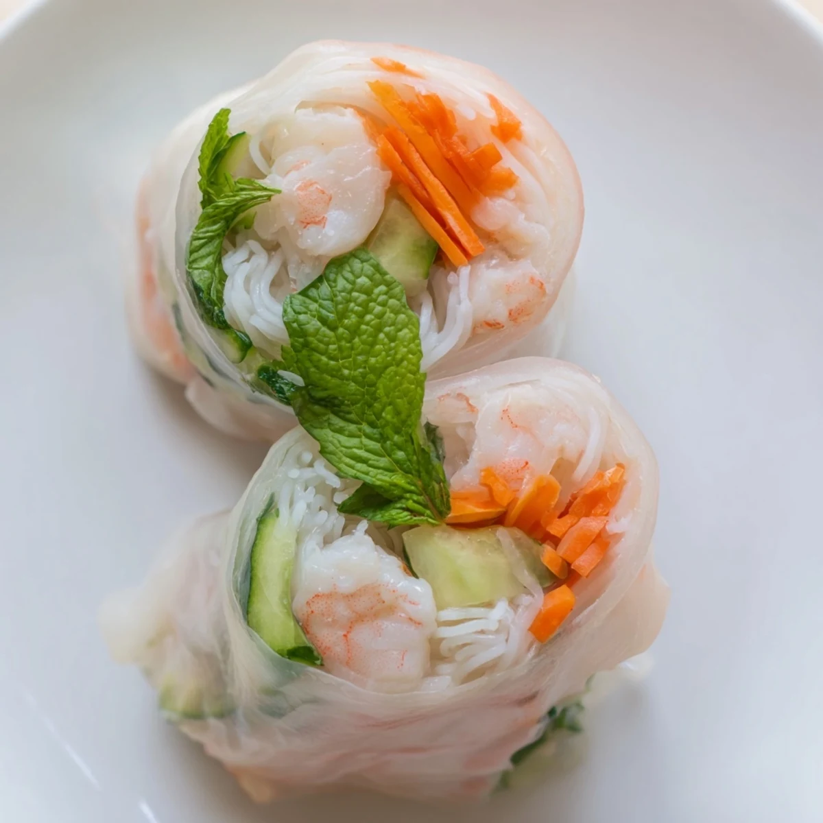 Transparent rice paper fresh spring rolls with pink shrimp and crisp vegetables served alongside rich peanut dipping sauce
