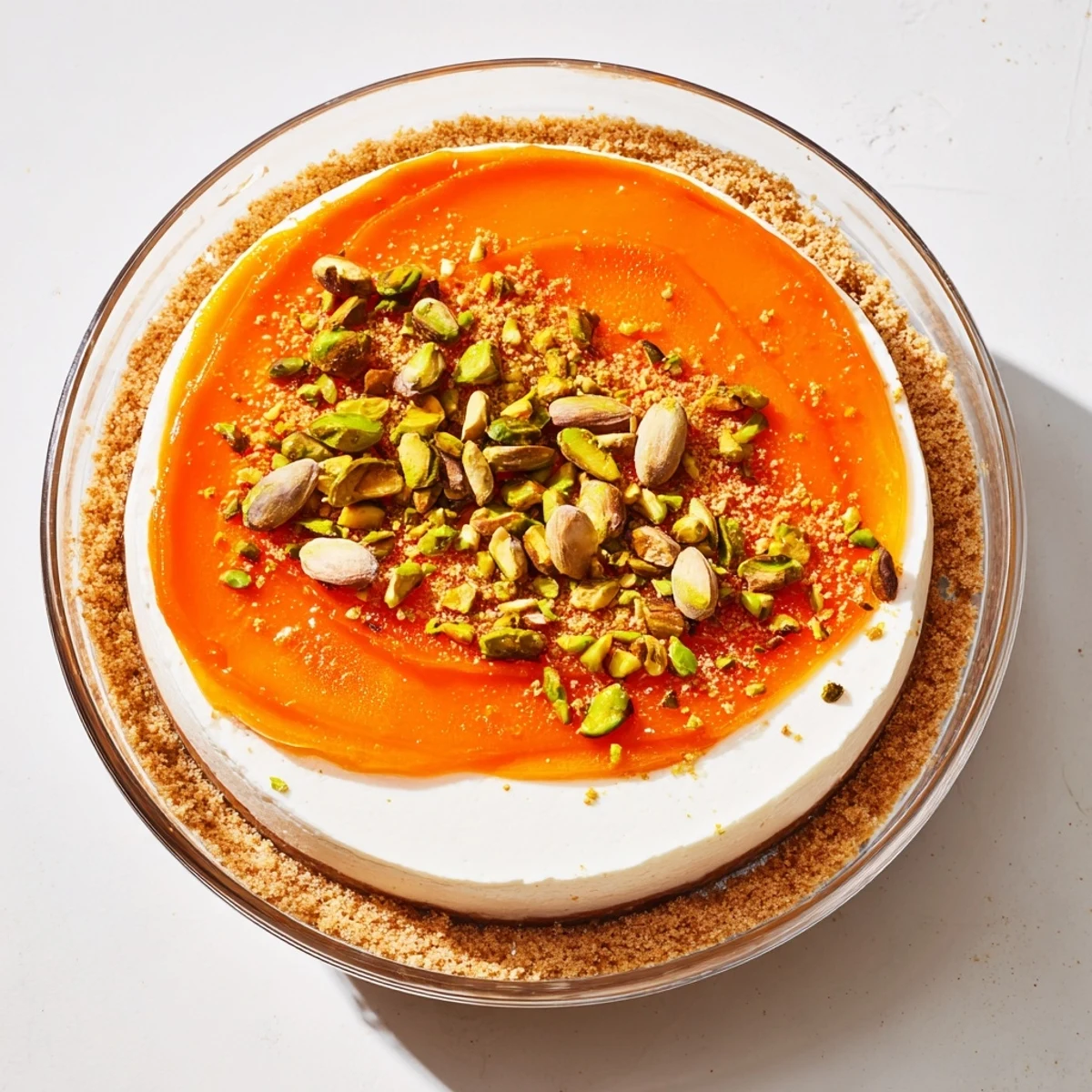 Golden persimmon puree tops layered vegan cheesecake in clear glass serving cups