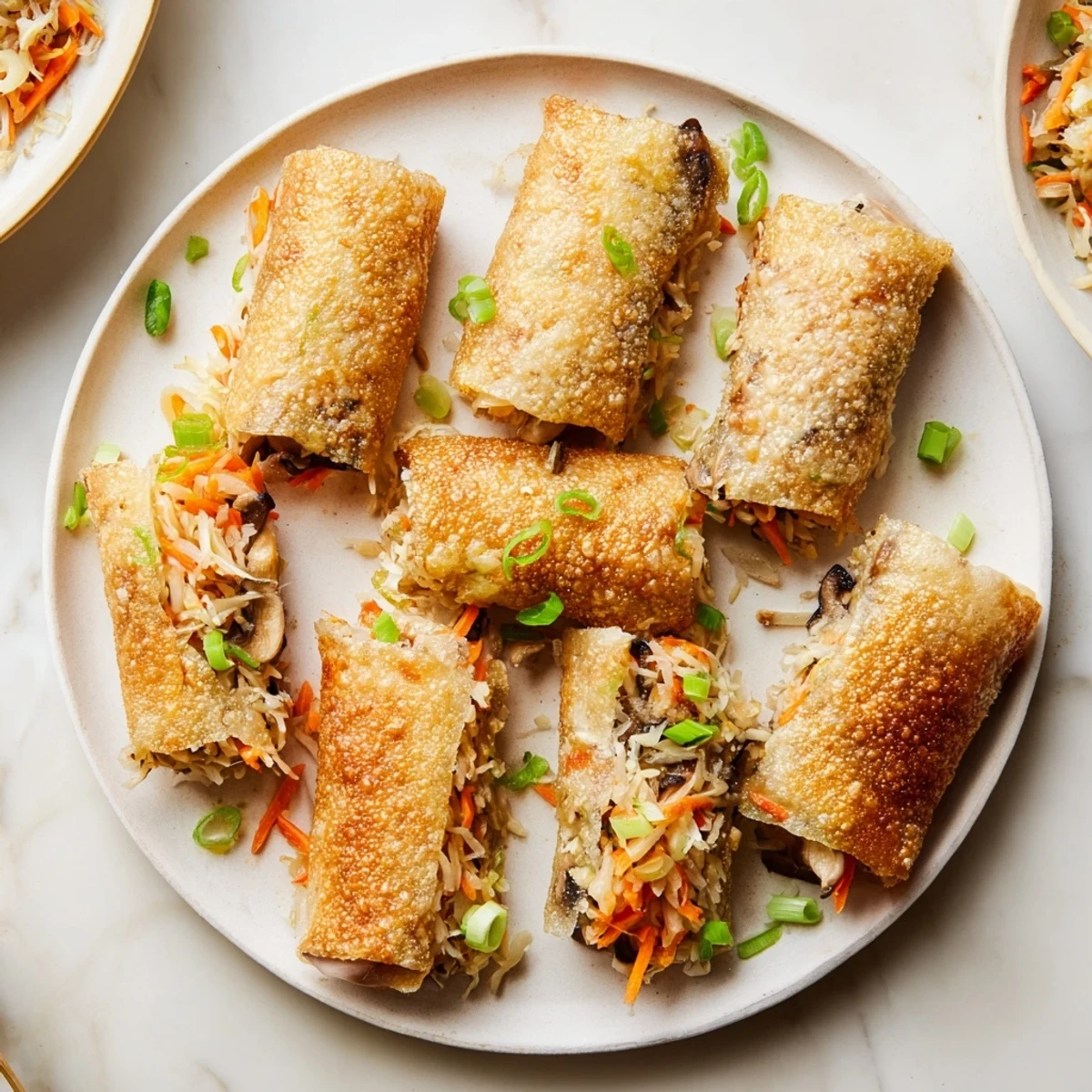 Vietnamese-style crispy rice paper spring rolls served with dipping sauce on wooden board