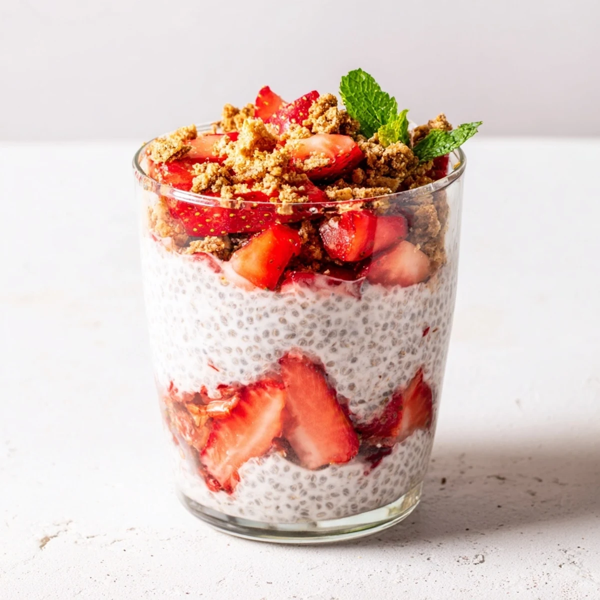 Layered strawberry cheesecake chia pudding jar with fresh strawberry topping and graham cracker crunch