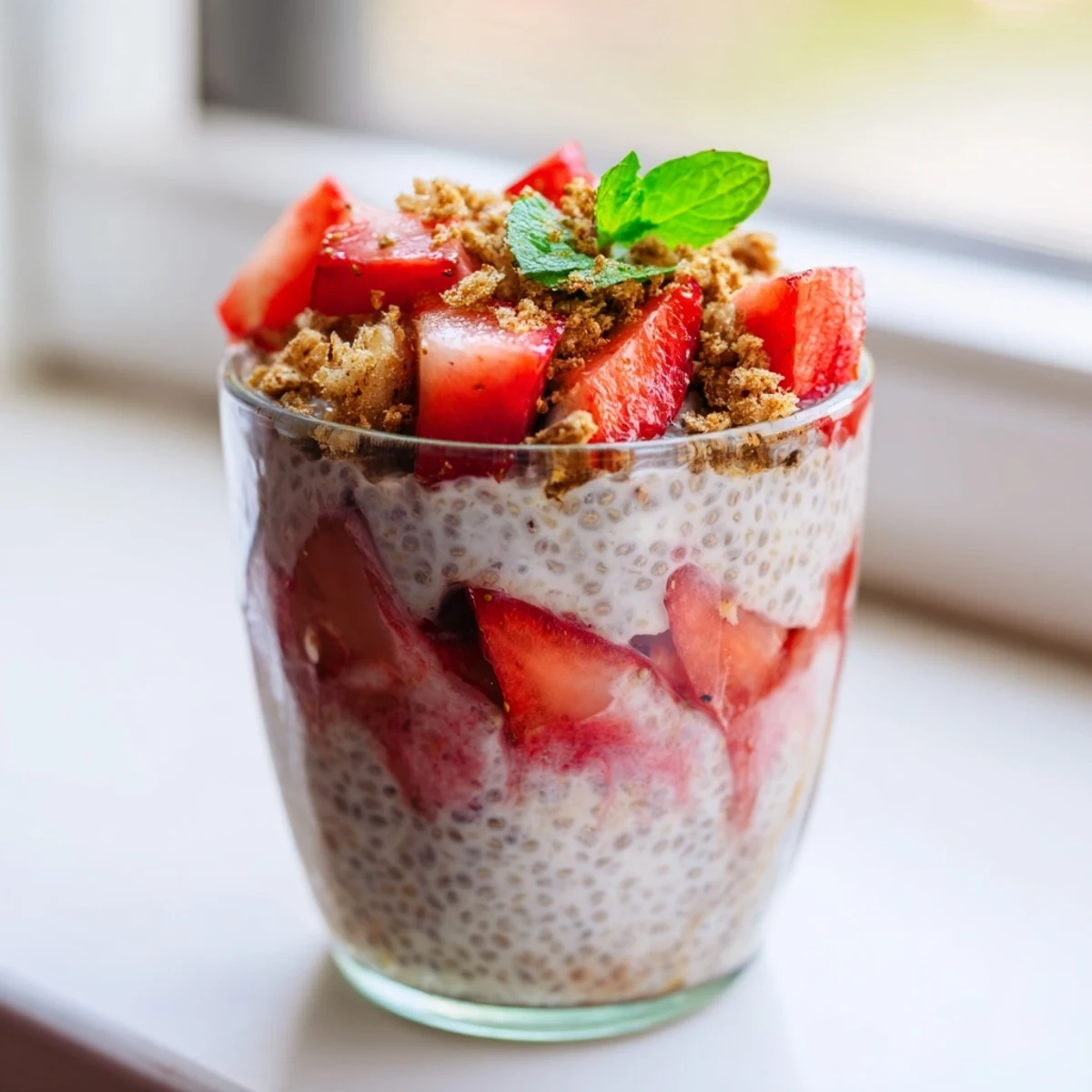 Creamy chia pudding bowl swirled with cheesecake layer and sweet strawberry compote garnish