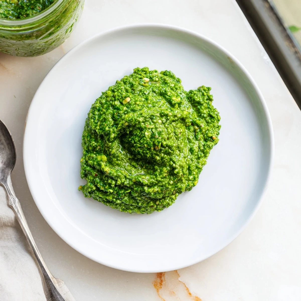 Glossy emerald Thai basil pesto swirled generously over al dente pasta noodles