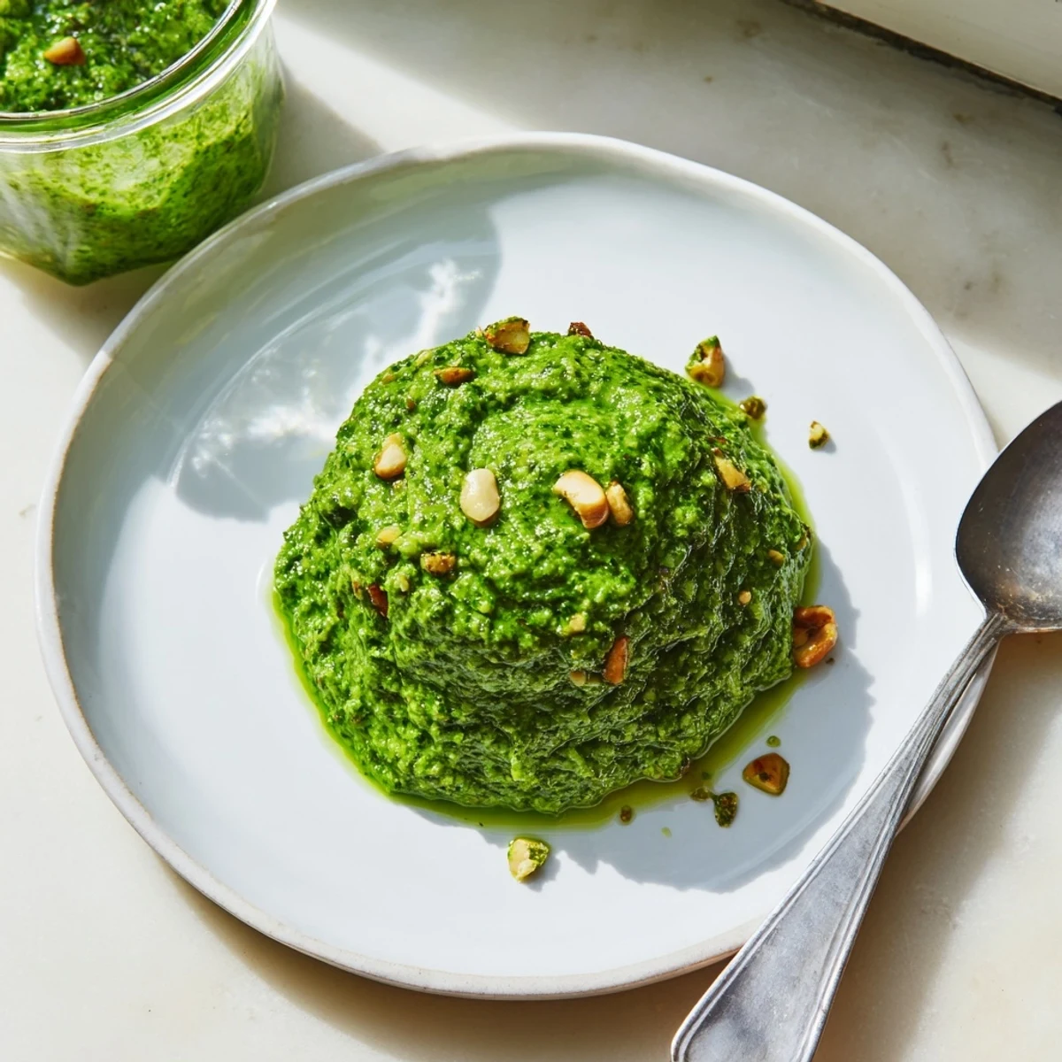 Creamy Thai basil pesto spread thickly on sliced crusty artisan bread