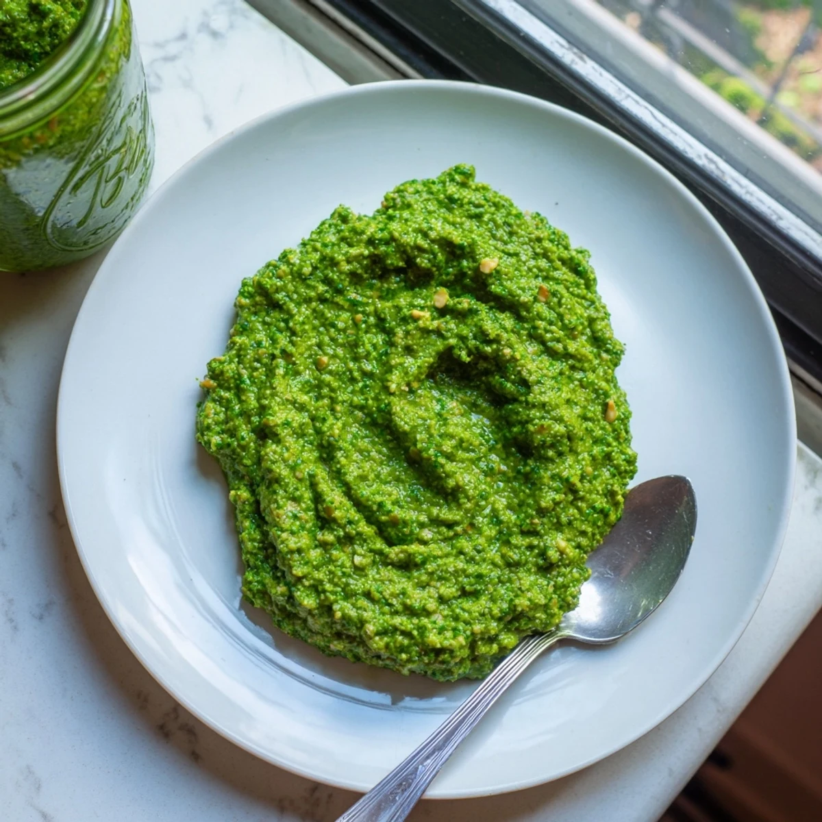 Vibrant Thai basil pesto sauce drizzled atop grilled white fish fillet