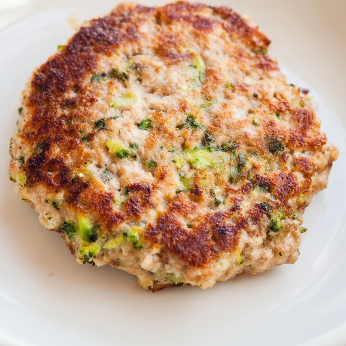Golden pan-fried turkey broccoli and quinoa burgers on a white plate with fresh garnish