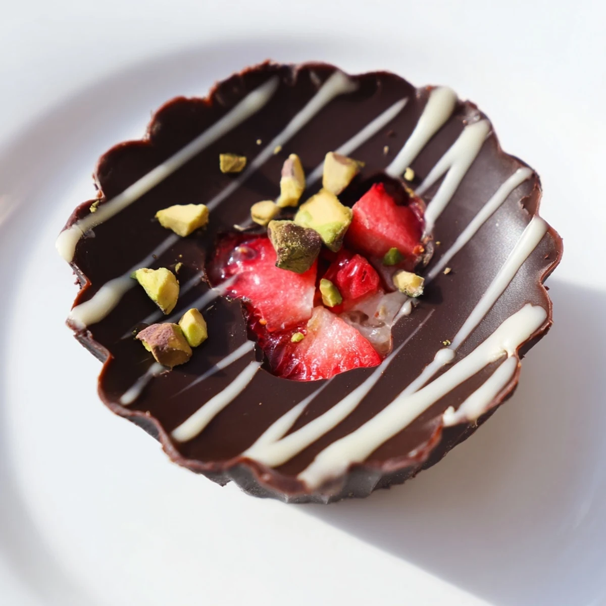 Silky chocolate cups overflowing with sweet honey glazed strawberries and rose water