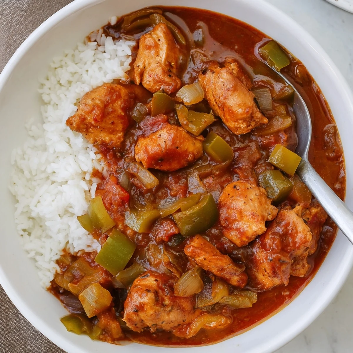 Golden chicken thighs simmered in rich tomato-based sauce with colorful vegetables over fluffy white rice