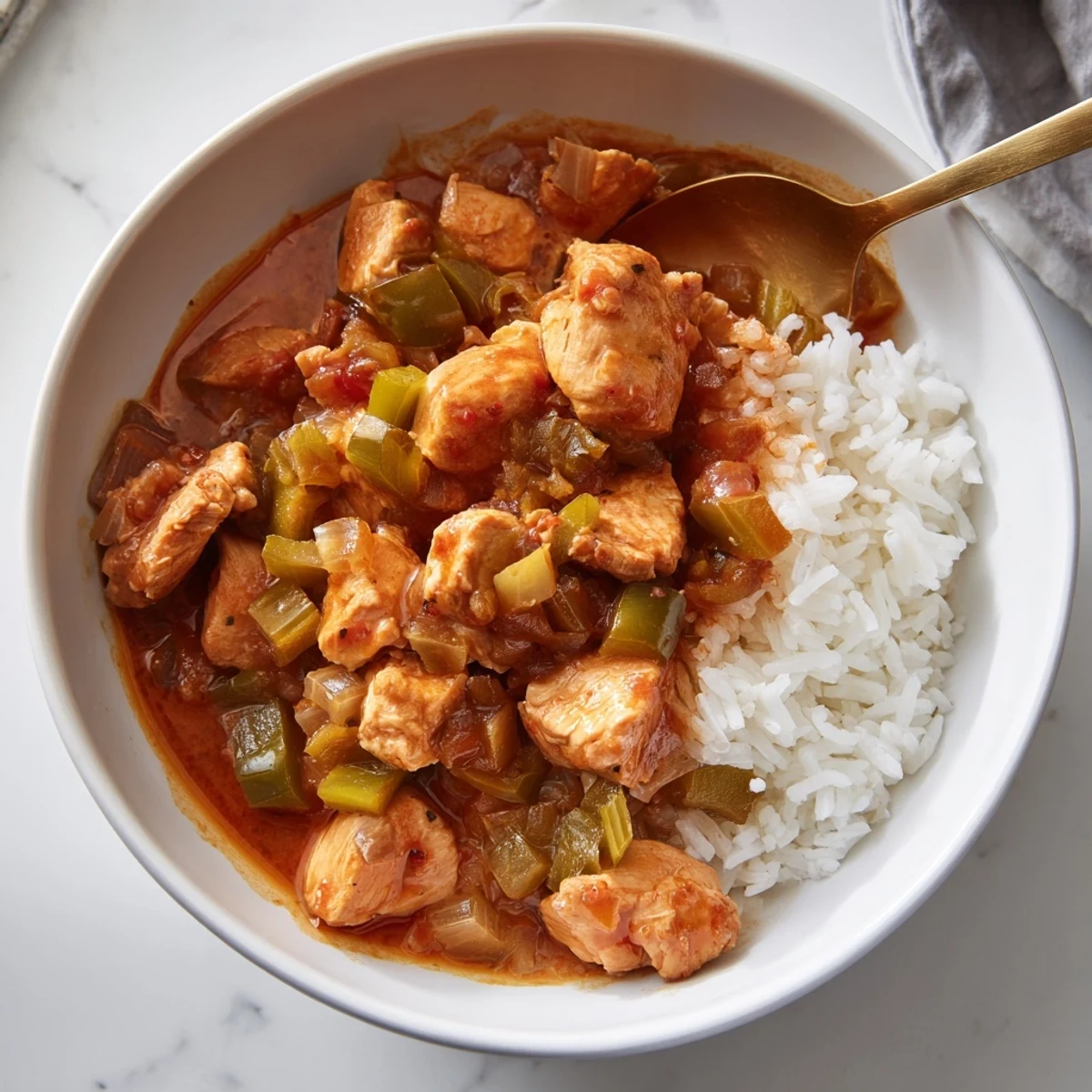 Hearty bowl of tender chicken stewed Louisiana style with bell peppers and celery, garnished with fresh parsley